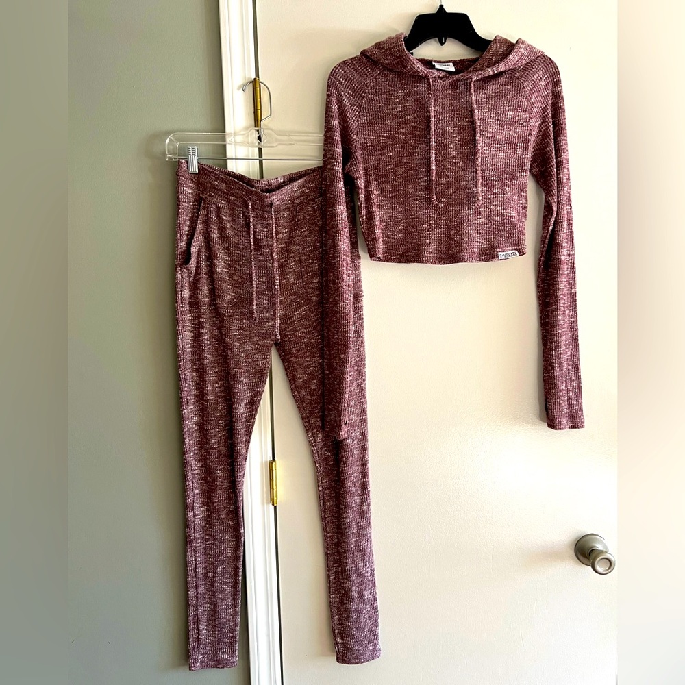 Gymshark slounge berry red marl jogger and cropped hoodie set size M